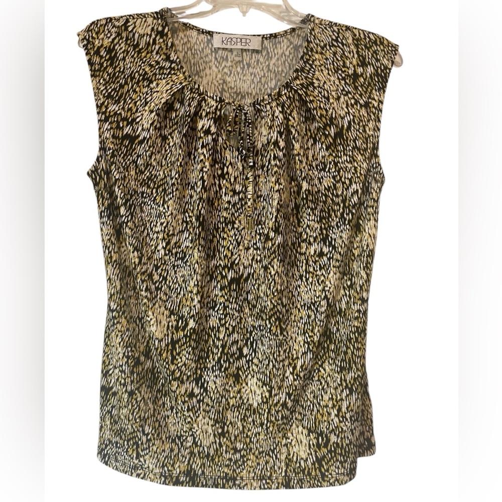 Kasper Top Yellow Black Metallic Gold Sleeveless Tie Neck Small